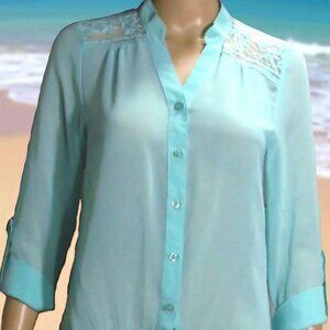 Light Blue Sheer & Lace  Blouse Top